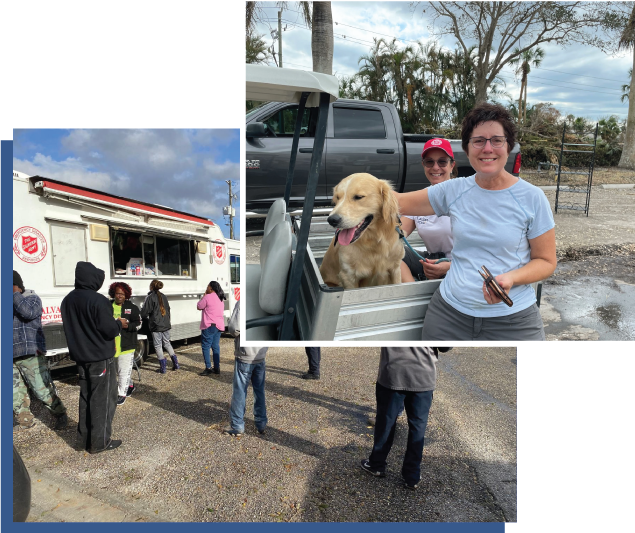 A double set of photos of volunteers at salvation army